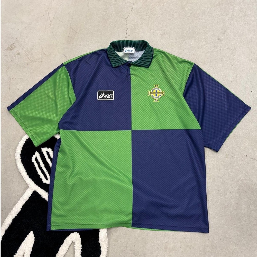 Vintage Asics Northern Ireland 90s IFA Soccer Jersey Green Navy XXL Made in UK